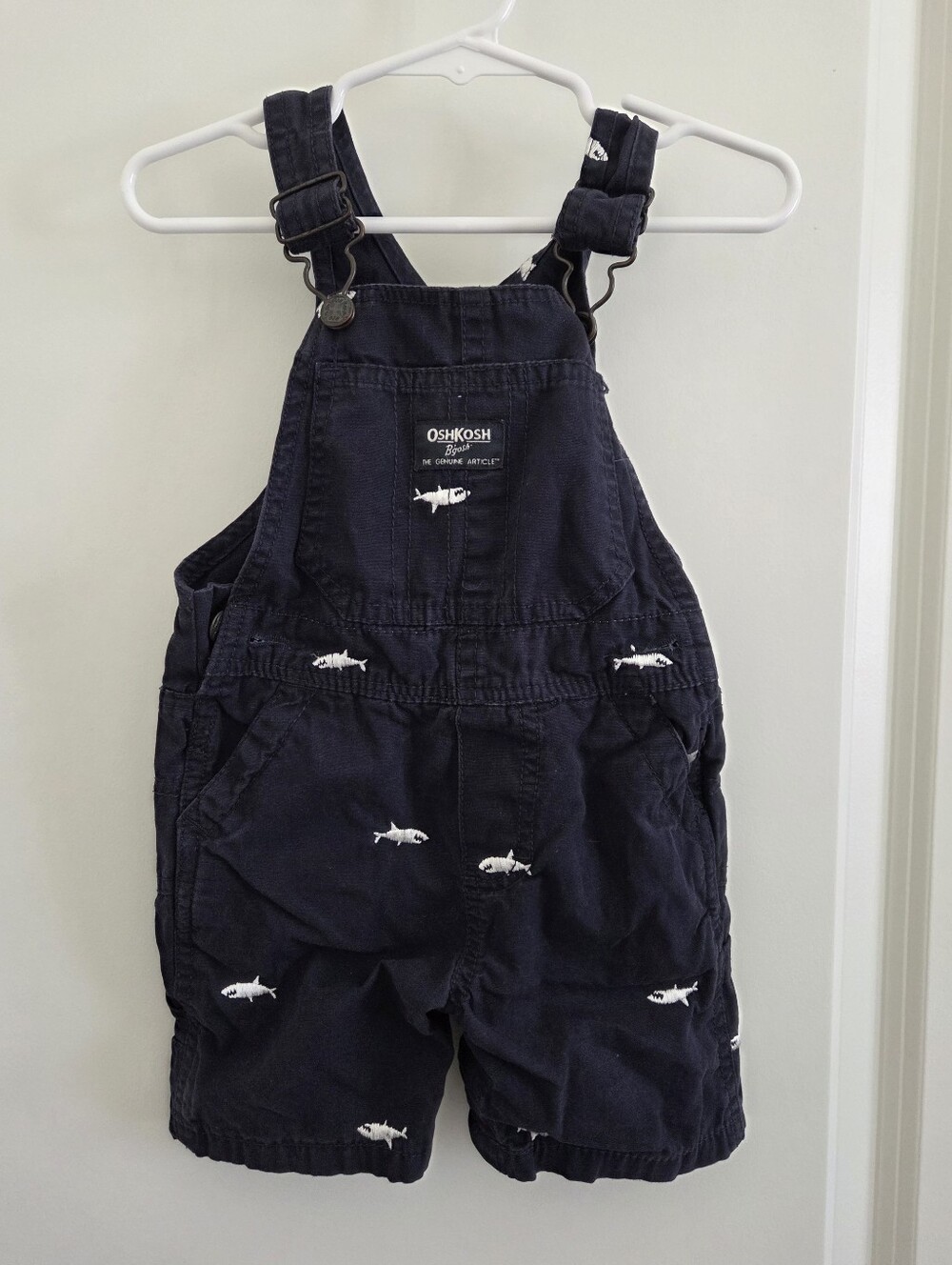 Vintage OshKosh B'gosh Navy Overalls with White Shark Embroidery